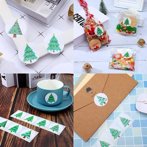 Set of round Christmas tree stickers for gift packaging and envelope sealing decorations
