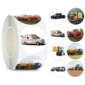 Vehicle Car Truck Theme Round Roll Stickers For Kids Reward Students DIY Decorative Self-Adhesive Labels Ambulance Construction Cars Stickers