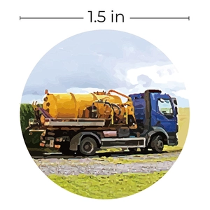 1.5 inch circular sticker featuring a realistic yellow and blue fuel tanker truck illustration