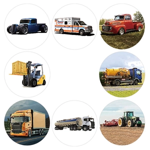 Set of nine round vehicle stickers featuring trucks, tractors, and emergency cars for kids
