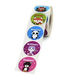 Roll of 200 cute animal reward stickers for kids featuring motivational English words