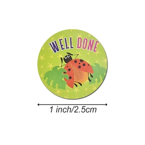 Round 1 inch reward sticker with a ladybug design and WELL DONE motivational text