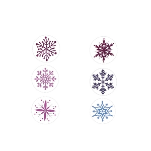 Set of 6 decorative snowflake adhesive stickers in purple, blue and red tones for Christmas