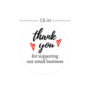 1.5 inch white round Thank You stickers with red hearts for small business packaging
