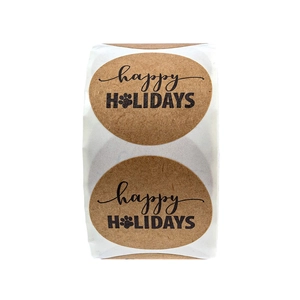 Brown kraft paper happy HOLIDAYS stickers with pet paw design in a roll for gift wrapping