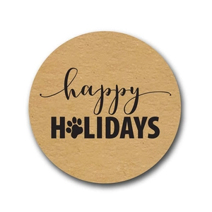 Round kraft paper stickers featuring black Happy Holidays text and cute dog paw print