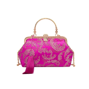 Elegant Chinese style floral embroidery handbag in rose red with metal handle and tassel