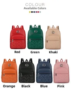 Flat lay of multiple colorful faux leather backpacks featuring G logo and Y stitching