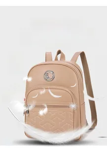 Detail of a khaki quilted backpack weighing 430g with 30 percent weight reduction design