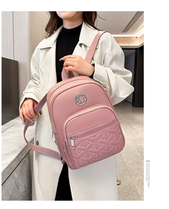 Detailed view of pink backpack with G-logo and geometric quilted stitching pattern