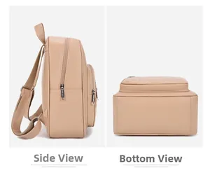 Detailed side and bottom views of beige quilted faux leather backpack with metallic zippers