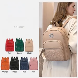 Women's quilted faux leather backpack with metallic logo, available in seven colors