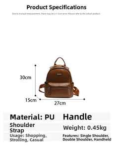Brown PU leather backpack size specifications showing dimensions 30x27x15cm and 0.45kg weight
