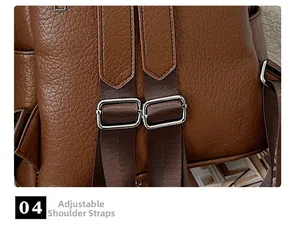 Detail of adjustable dark brown fabric shoulder straps with silver metal buckles on backpack