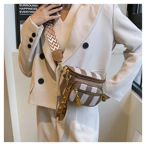 Detail of crossbody bag featuring houndstooth pattern with golden chain and wide strap