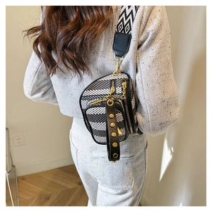 Detail of crossbody bag with black white geometric stripes and gold-tone metal hardware
