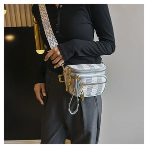 Detail of blue checkerboard crossbody bag with multi-zipper and chevron woven strap