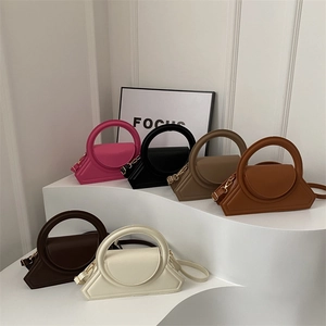 Women PU Leather Geometric Trapezoid Handbag Large Round Handle Fashion Shoulder Crossbody Bag Minimalist Solid Color Purse
