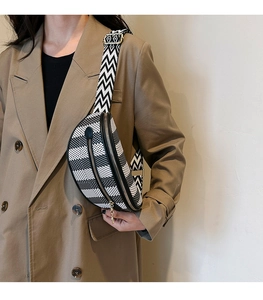 Detail of crossbody bag featuring black and white geometric patterns and canvas texture