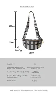 Detailed technical drawing of checkered crossbody bag with 25cm width and 100cm strap