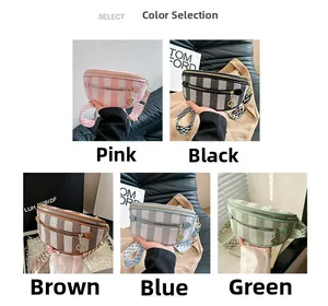 Detailed display of fashionable textured chest bags in pink, black, brown, blue, and green
