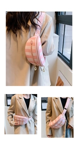 Pink and white striped chest bag with woven strap showing multiple carrying styles