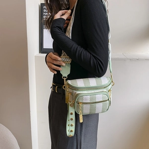 Green checkered mini crossbody bag with multi-layer zippers and ethnic jacquard strap