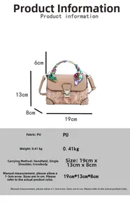 Detailed dimensions of beige vintage embossed handbag with silk scarf handle and metal clasp
