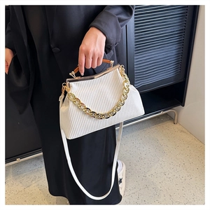 Detail of white pleated texture handbag with gold metal frame closure and chunky chain handle