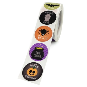 Halloween roll stickers with pumpkin, bat, and ghost designs for gift bag labeling