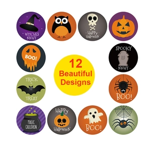 Set of 12 Halloween stickers featuring pumpkin, ghost and bat designs for candy bags
