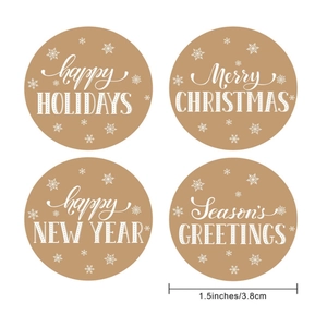 Kraft paper holiday stickers set with four Merry Christmas and New Year greeting designs