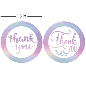 Rainbow holographic 1.5 inch Thank You stickers with floral and heart designs
