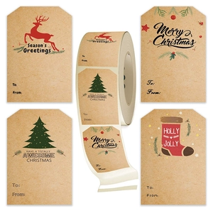 Brown kraft paper Christmas gift labels with reindeer and tree designs for holiday decor