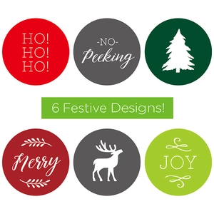 Set of 6 festive Christmas round stickers with HO HO HO, Joy, and Merry designs