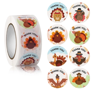 Assorted Thanksgiving stickers roll with cartoon turkey, pumpkin and maple leaf designs