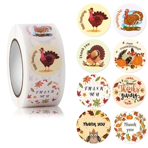 Roll of 500 Happy Thanksgiving stickers featuring colorful turkey and pumpkin designs