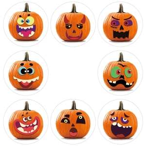 Halloween pumpkin emotion sticker set with eight distinct cartoon faces for gift labels