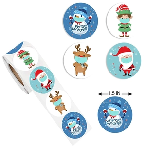 Roll of 1.5 inch Christmas stickers featuring Santa, reindeer and snowman designs