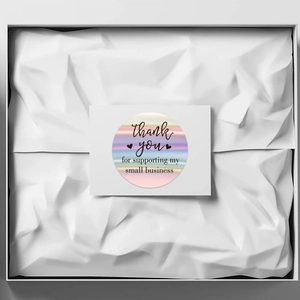Holographic Thank You sticker for business packaging with black artistic font and heart