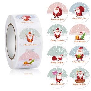 Roll of 8 assorted Christmas stickers featuring Santa and festive Merry Christmas designs
