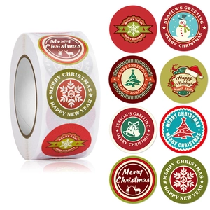 Roll of Christmas stickers featuring 8 holiday designs with reindeer and snowmen