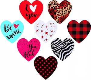 Valentine's Day heart stickers with diverse patterns like leopard, plaid, and love quotes