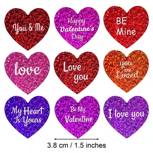 Glitter Valentine's Day heart stickers with gold powder and romantic love phrases