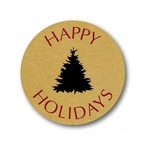 Round Kraft Merry Christmas stickers featuring red Happy Holidays text and black tree