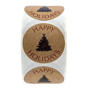 Kraft paper Merry Christmas stickers with black tree design for holiday gift packaging