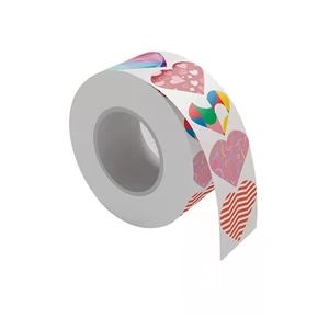 Rainbow heart-shaped adhesive stickers roll featuring colorful patterns for Valentine's Day