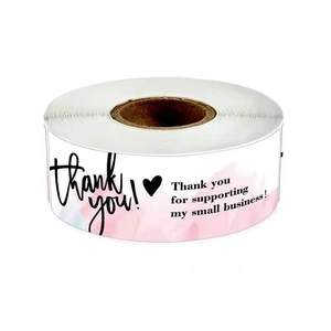 Pink watercolor rectangle Thank You sticker roll for small business packaging