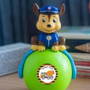 Cartoon dog figure on green base with Cement Truck sticker for kids toy cars