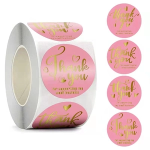 Pink round thank you labels with gold foil heart design for small business packaging